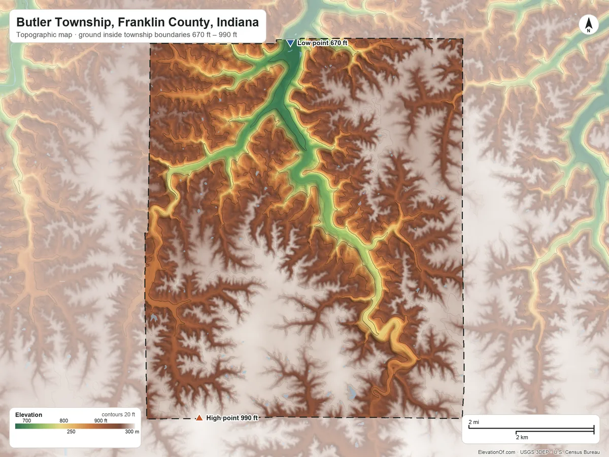 Topographic elevation map of Butler Township, Franklin County, Indiana, shaded from 670 ft on the north side to 990 ft on the southwest side