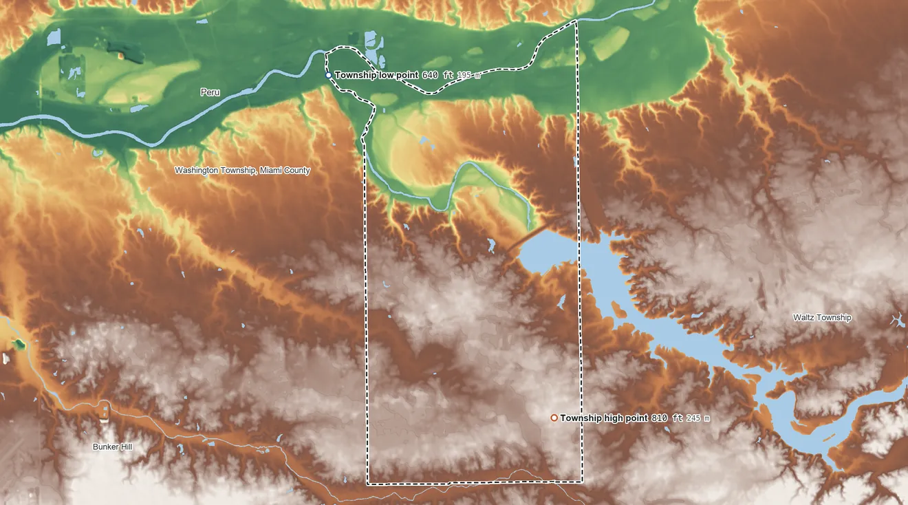 Topographic elevation map of Butler Township, Miami County, Indiana, shaded from 640 ft on the northwest side to 810 ft on the southeast side