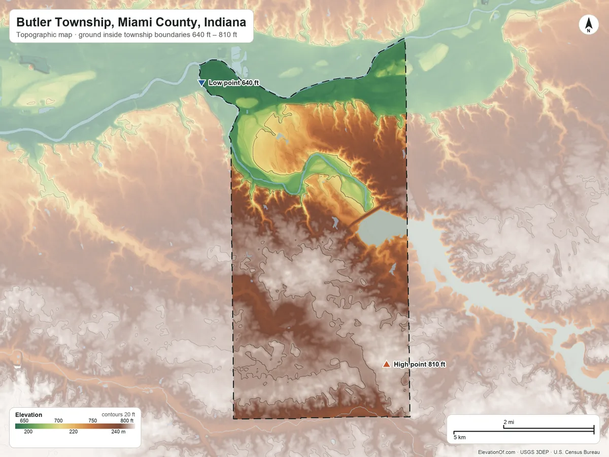 Topographic elevation map of Butler Township, Miami County, Indiana, shaded from 640 ft on the northwest side to 810 ft on the southeast side