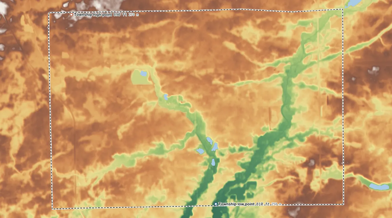 Topographic elevation map of Butler Township, Indiana, shaded from 810 ft on the south side to 890 ft on the northwest side