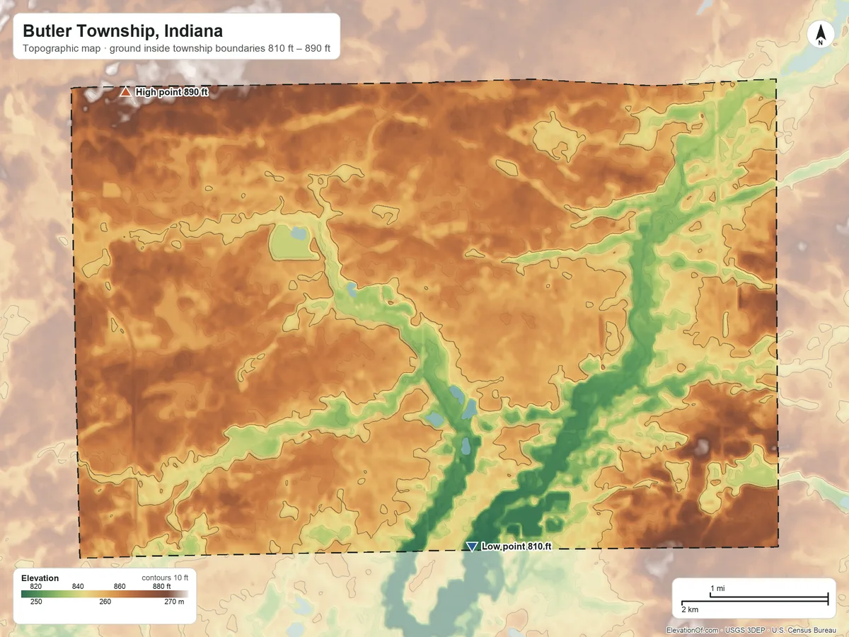 Topographic elevation map of Butler Township, Indiana, shaded from 810 ft on the south side to 890 ft on the northwest side
