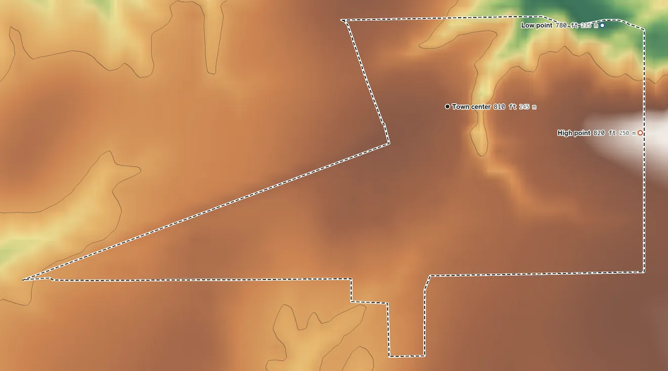 Topographic elevation map of Butlerville, Indiana, shaded from 780 ft on the northeast side to 820 ft on the east side