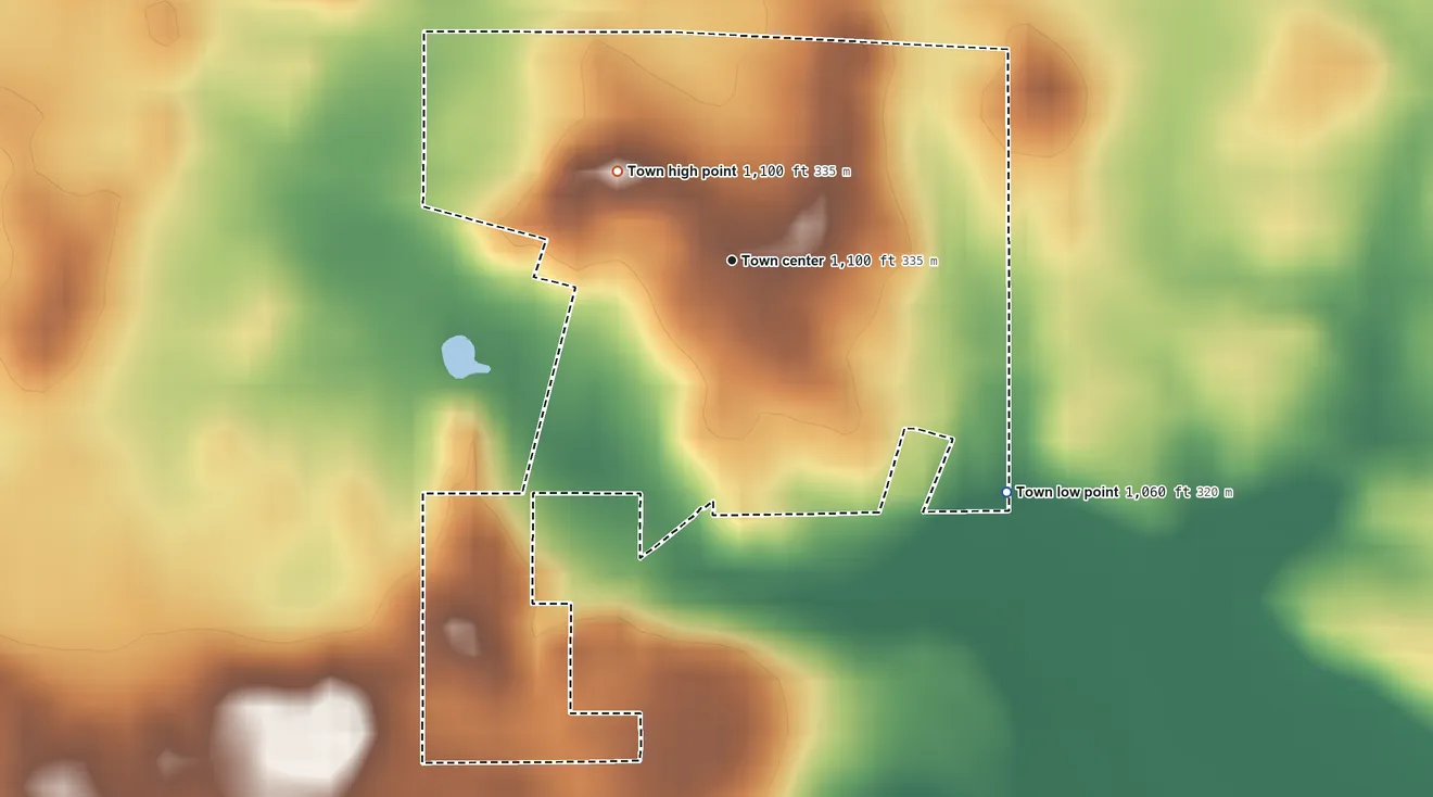 Topographic elevation map of Cadiz, Indiana, shaded from 1,060 ft on the southeast side to 1,100 ft on the northwest side