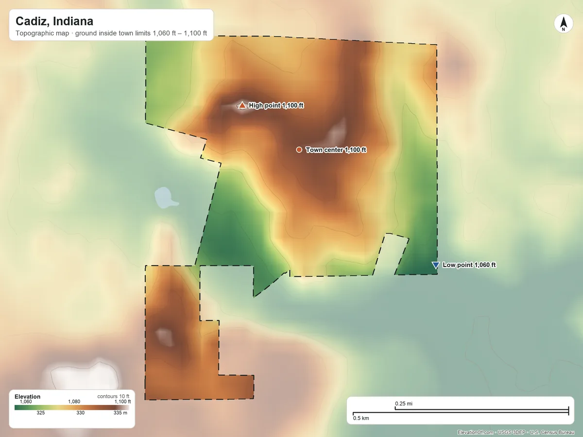 Topographic elevation map of Cadiz, Indiana, shaded from 1,060 ft on the southeast side to 1,100 ft on the northwest side