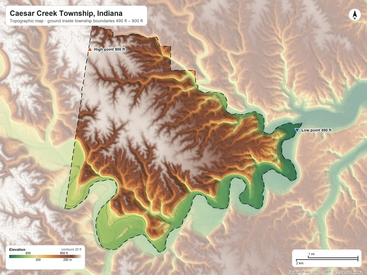 Topographic elevation map of Caesar Creek Township, Indiana, shaded from 490 ft on the east side to 900 ft on the northwest side