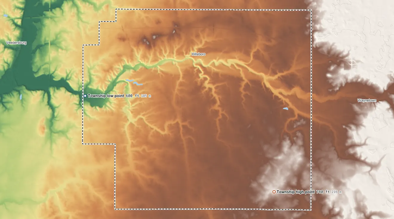 Topographic elevation map of Cain Township, Indiana, shaded from 600 ft on the west side to 780 ft on the southeast side