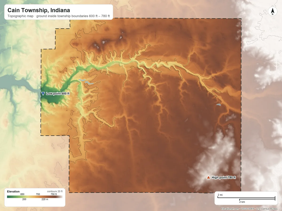 Topographic elevation map of Cain Township, Indiana, shaded from 600 ft on the west side to 780 ft on the southeast side