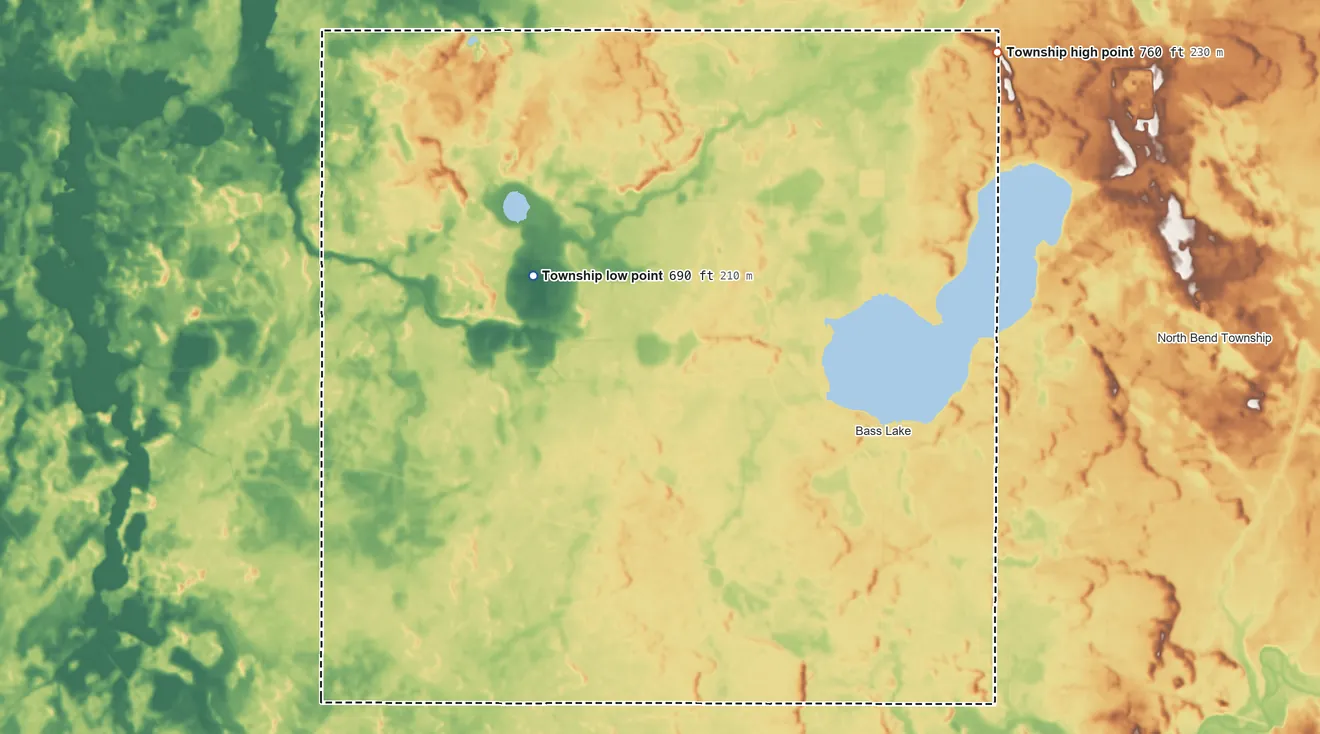 Topographic elevation map of California Township, Indiana, shaded from 690 ft on the west side to 760 ft on the northeast side