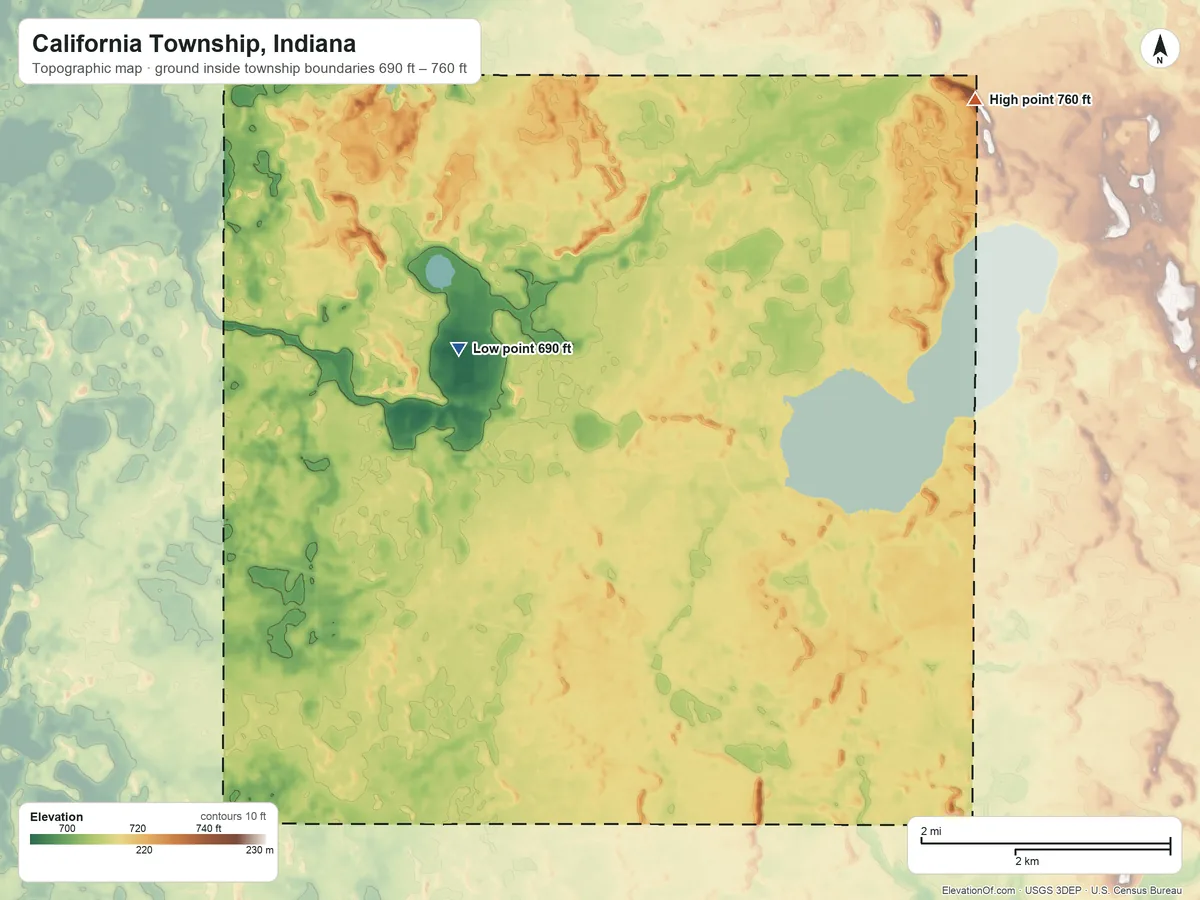 Topographic elevation map of California Township, Indiana, shaded from 690 ft on the west side to 760 ft on the northeast side
