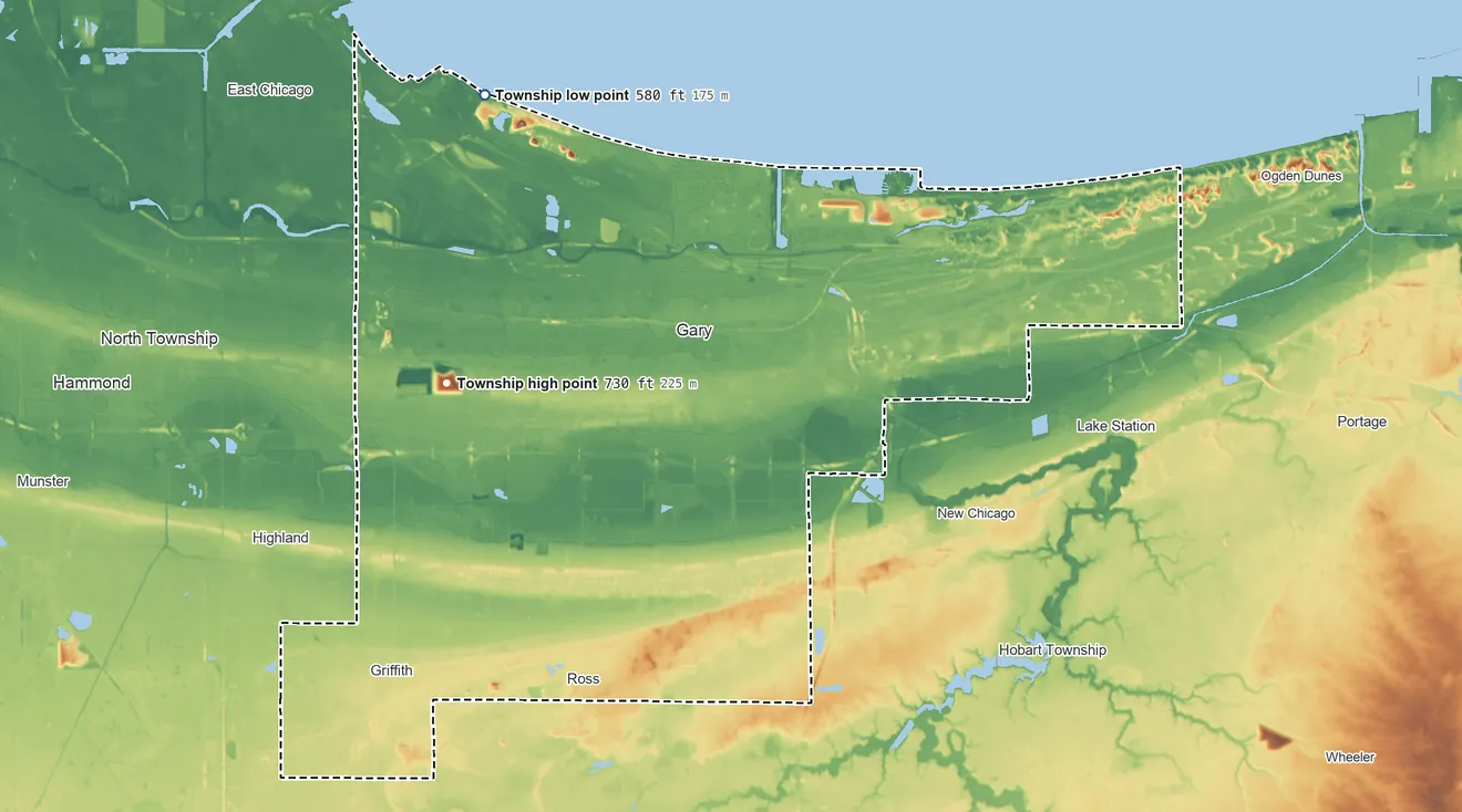 Topographic elevation map of Calumet Township, Indiana, shaded from 580 ft on the northwest side to 730 ft on the west side