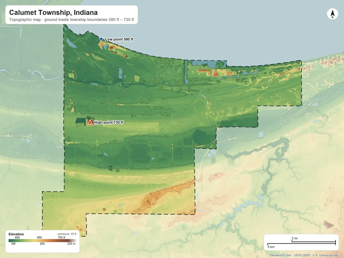 Topographic elevation map of Calumet Township, Indiana, shaded from 580 ft on the northwest side to 730 ft on the west side