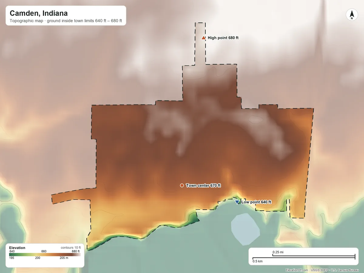 Topographic elevation map of Camden, Indiana, shaded from 640 ft on the east side to 680 ft on the north side