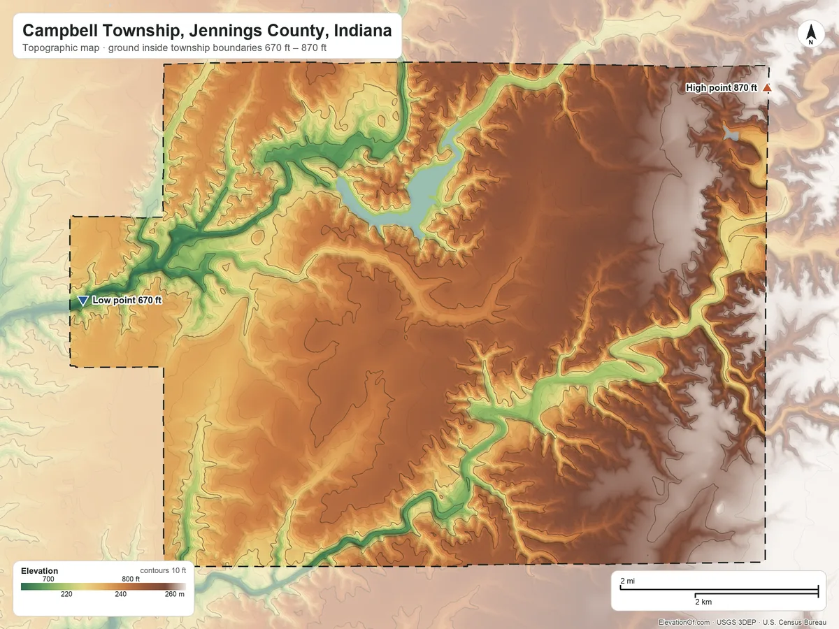 Topographic elevation map of Campbell Township, Jennings County, Indiana, shaded from 670 ft on the west side to 870 ft on the northeast side