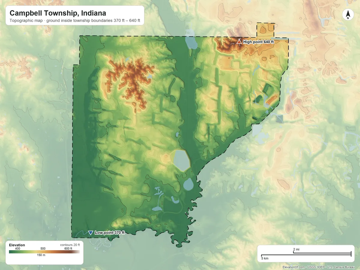 Topographic elevation map of Campbell Township, Indiana, shaded from 370 ft on the southwest side to 640 ft on Big Ditney Hill