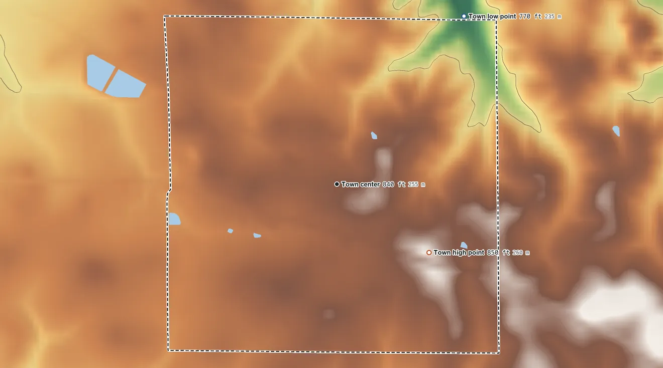 Topographic elevation map of Campbellsburg, Indiana, shaded from 770 ft on the northeast side to 850 ft on the southeast side