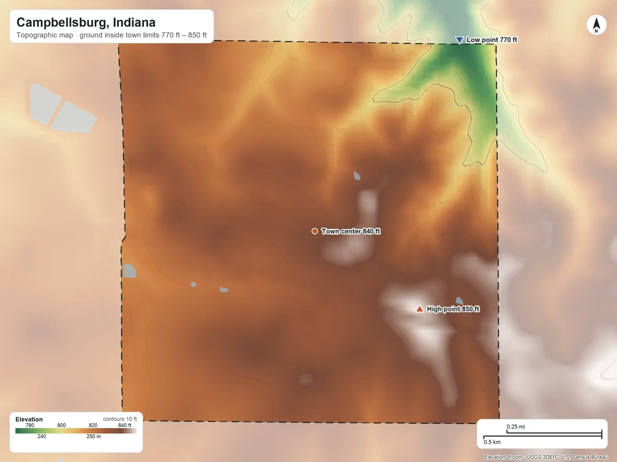 Topographic elevation map of Campbellsburg, Indiana, shaded from 770 ft on the northeast side to 850 ft on the southeast side
