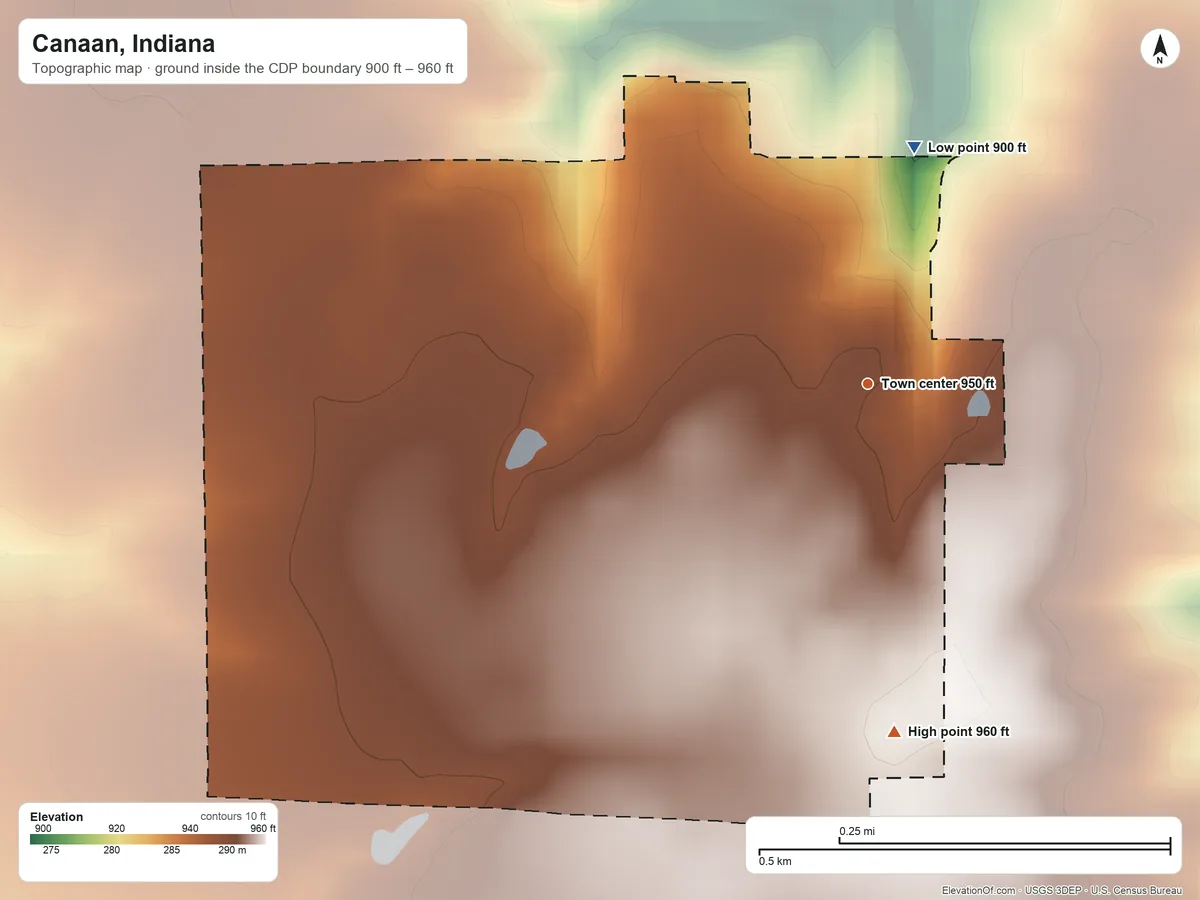 Topographic elevation map of Canaan, Indiana, shaded from 900 ft on the north side to 960 ft on the south side