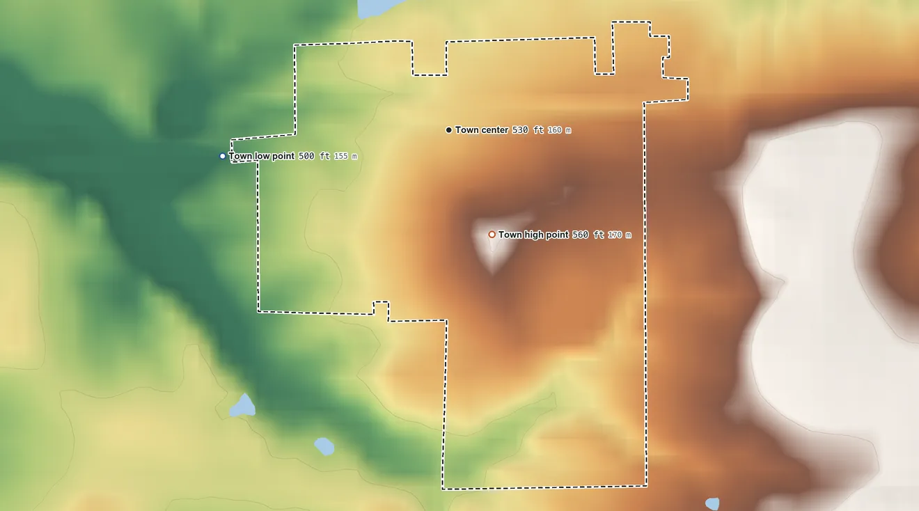 Topographic elevation map of Cannelburg, Indiana, shaded from 500 ft on the west side to 560 ft on the south side