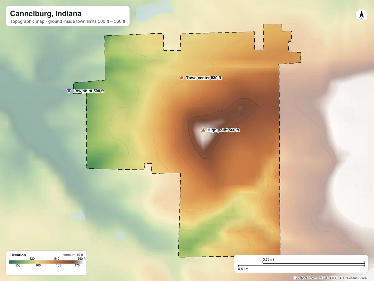 Topographic elevation map of Cannelburg, Indiana, shaded from 500 ft on the west side to 560 ft on the south side