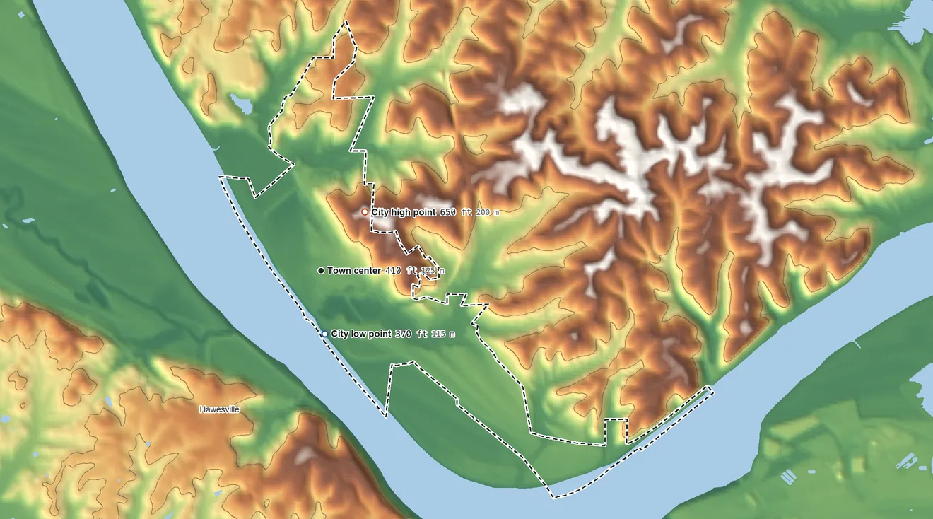 Topographic elevation map of Cannelton, Indiana, shaded from 370 ft near the middle to 650 ft on the northeast side