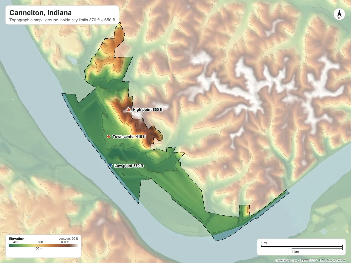 Topographic elevation map of Cannelton, Indiana, shaded from 370 ft near the middle to 650 ft on the northeast side