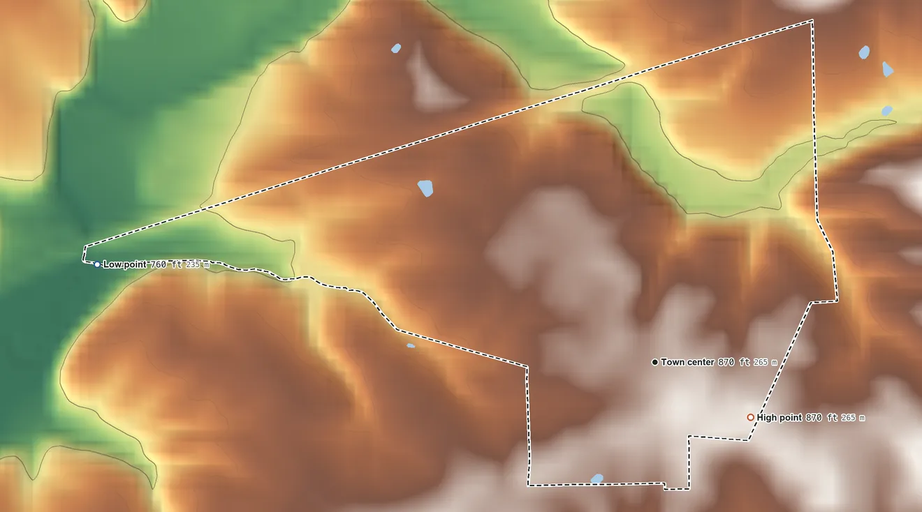 Topographic elevation map of Canton, Indiana, shaded from 760 ft on the west side to 870 ft on the southeast side