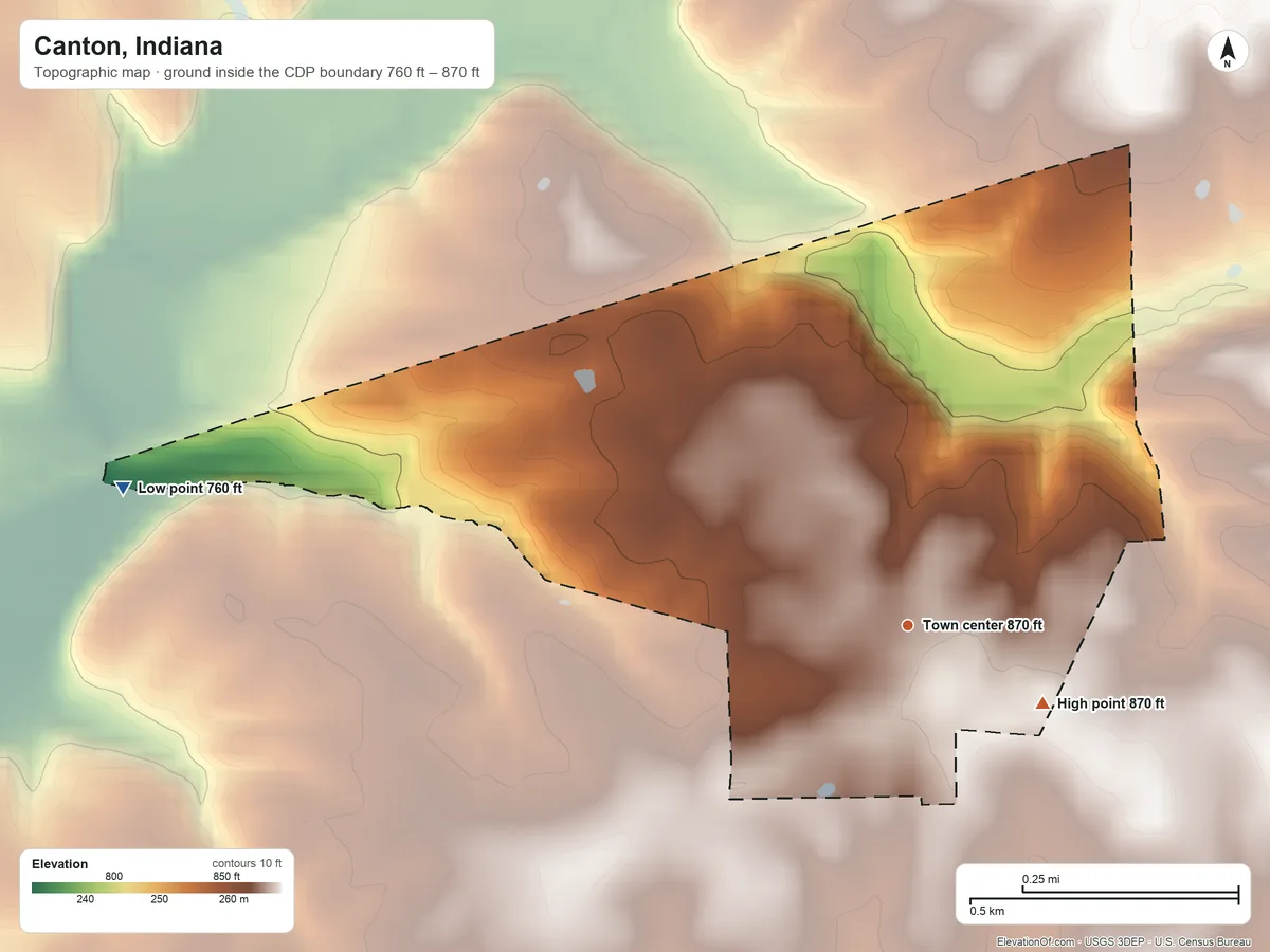 Topographic elevation map of Canton, Indiana, shaded from 760 ft on the west side to 870 ft on the southeast side