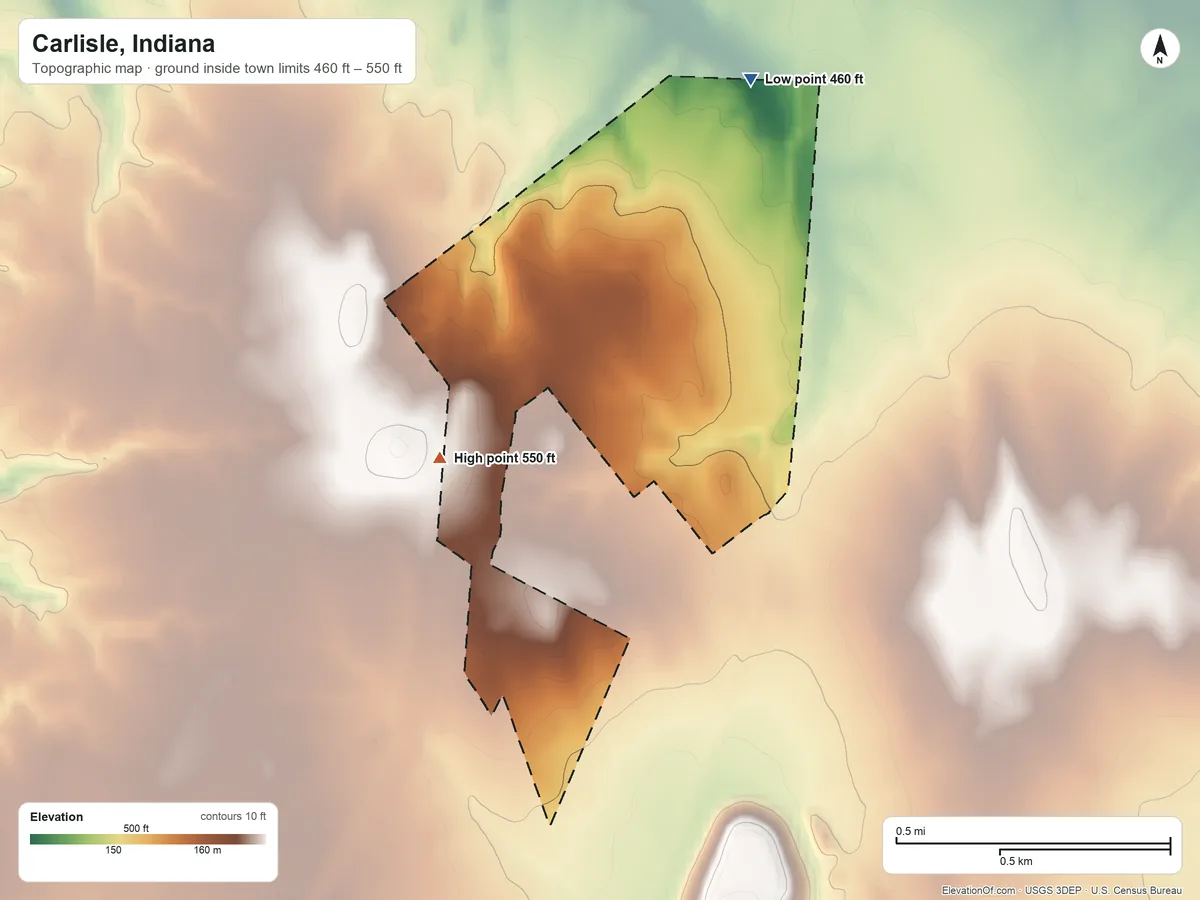 Topographic elevation map of Carlisle, Indiana, shaded from 460 ft on the northeast side to 550 ft on the southwest side