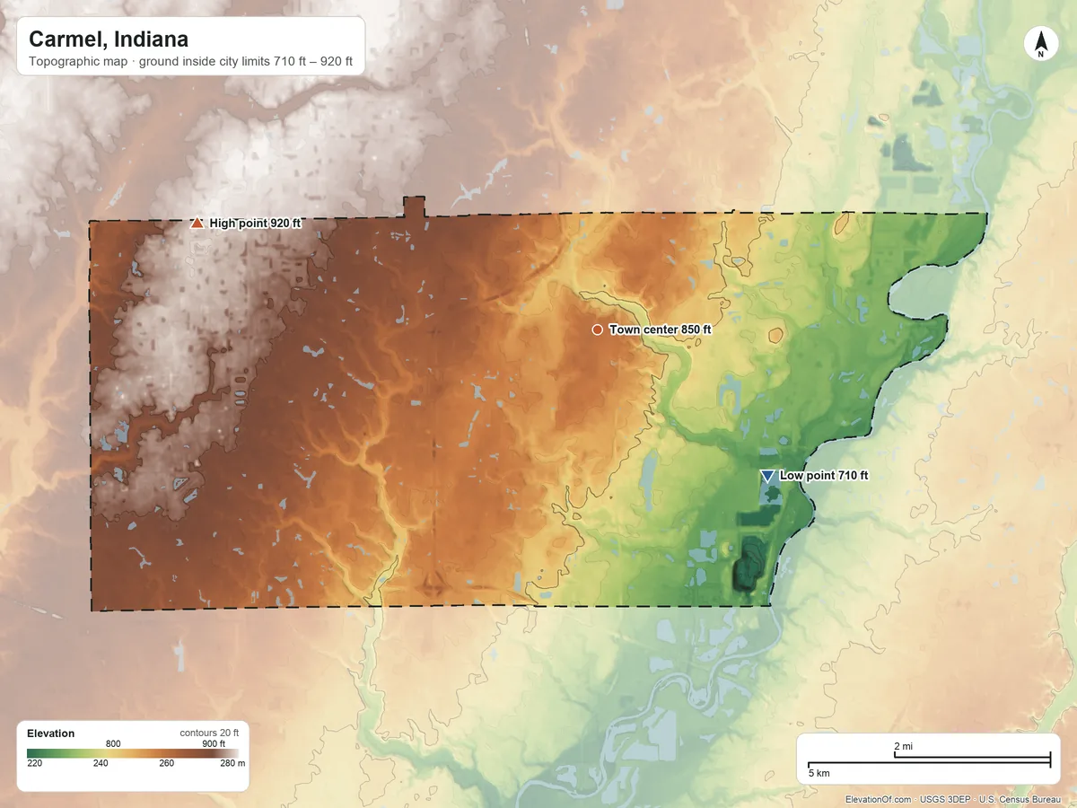 Topographic elevation map of Carmel, Indiana, shaded from 710 ft on the southeast side to 920 ft on the west side