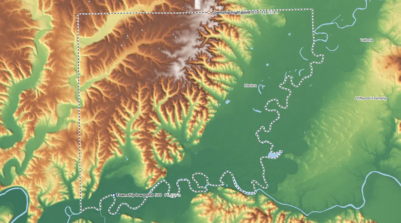 Topographic elevation map of Carr Township, Jackson County, Indiana, shaded from 500 ft on the southwest side to 870 ft on the north side