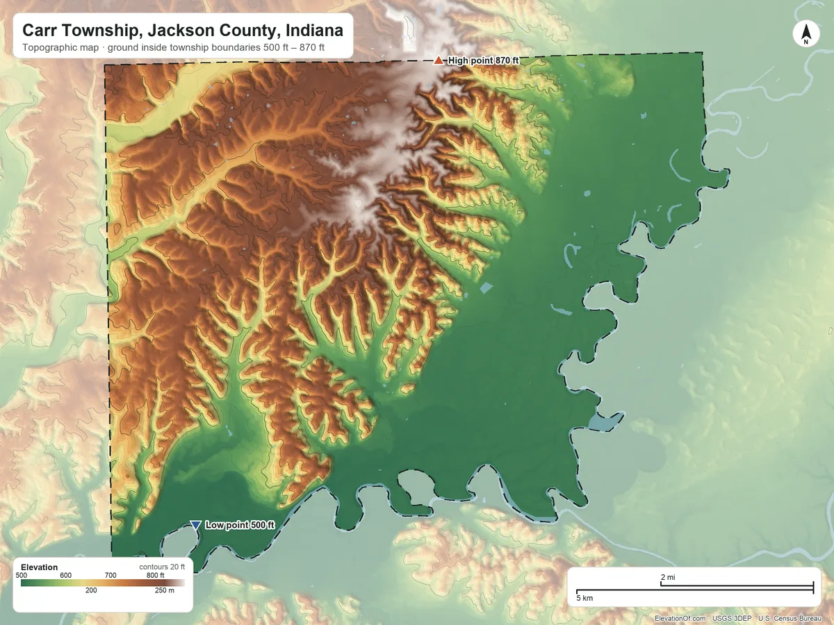 Topographic elevation map of Carr Township, Jackson County, Indiana, shaded from 500 ft on the southwest side to 870 ft on the north side