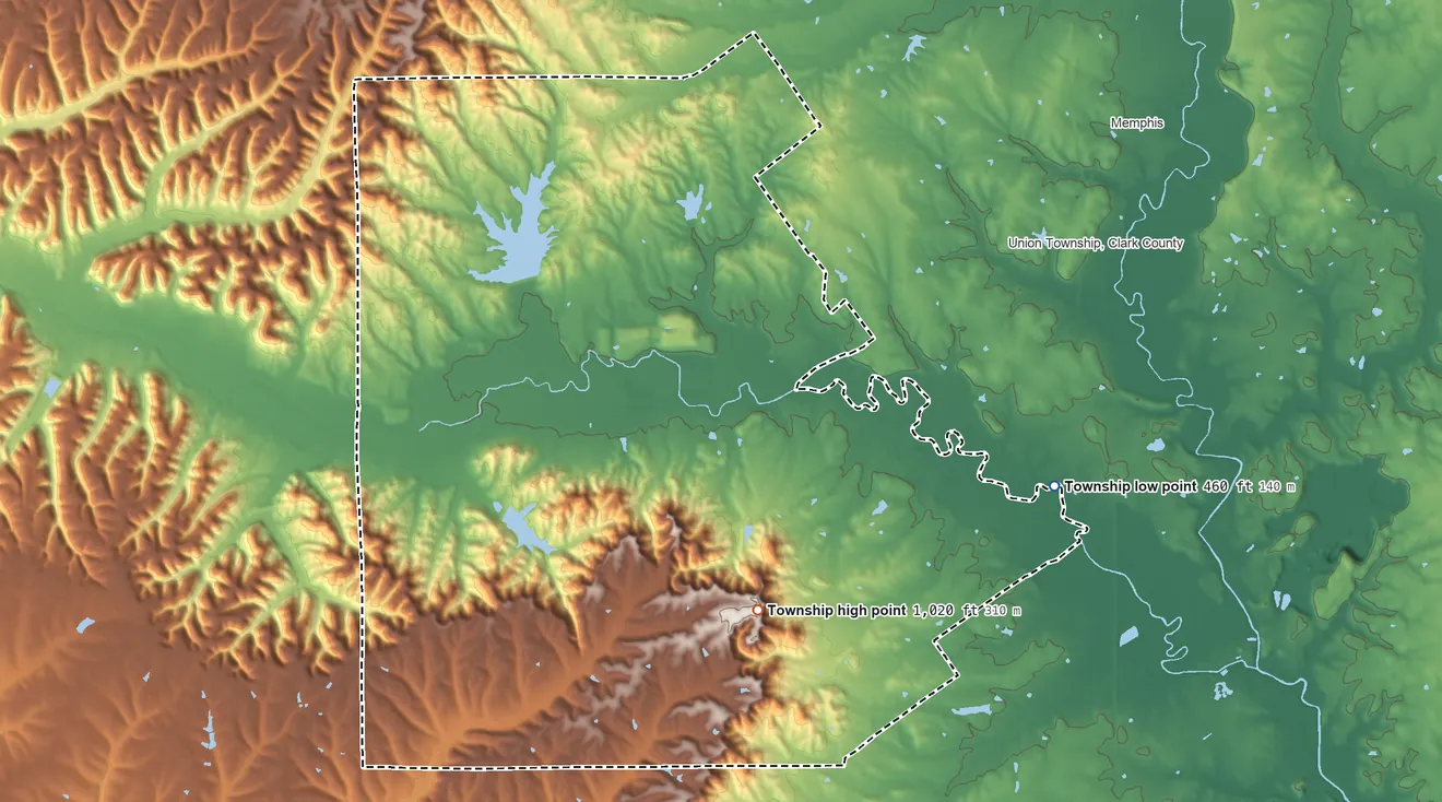 Topographic elevation map of Carr Township, Indiana, shaded from 460 ft on the east side to 1,020 ft near the middle