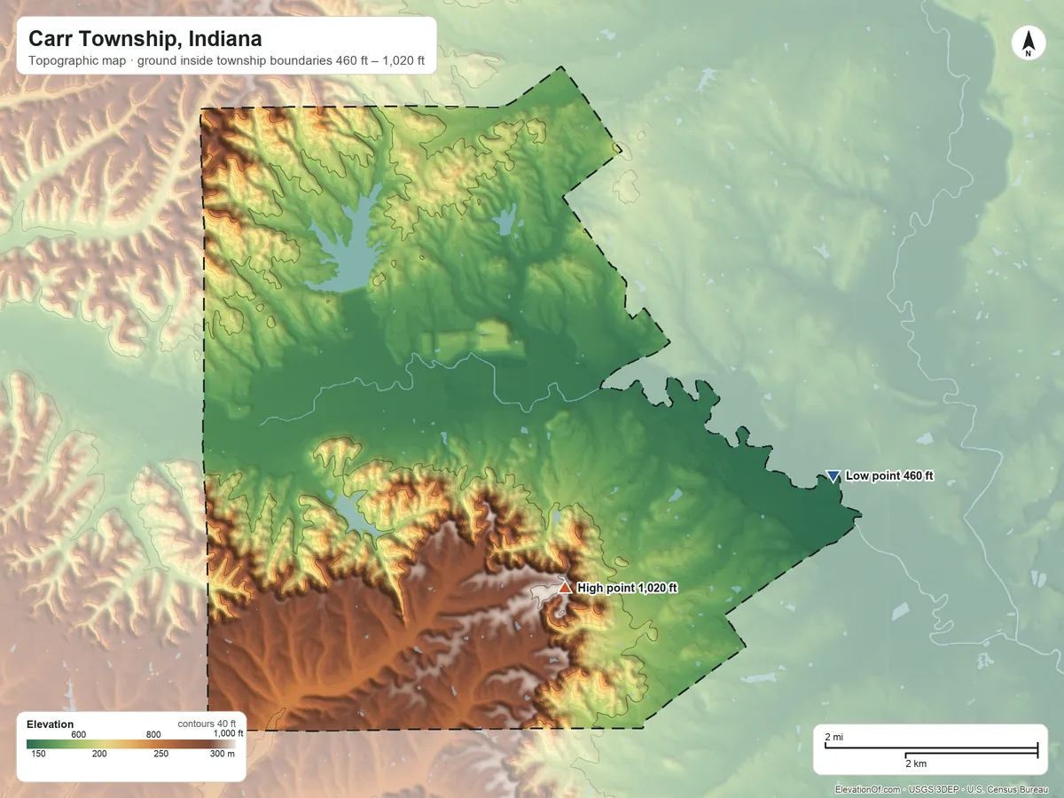 Topographic elevation map of Carr Township, Indiana, shaded from 460 ft on the east side to 1,020 ft near the middle