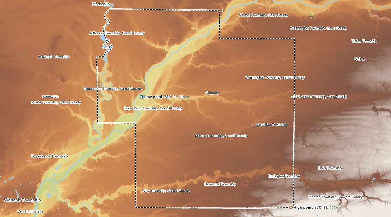 Topographic elevation map of Carroll County, Indiana, shaded from 380 ft on the west side to 830 ft on the southeast side