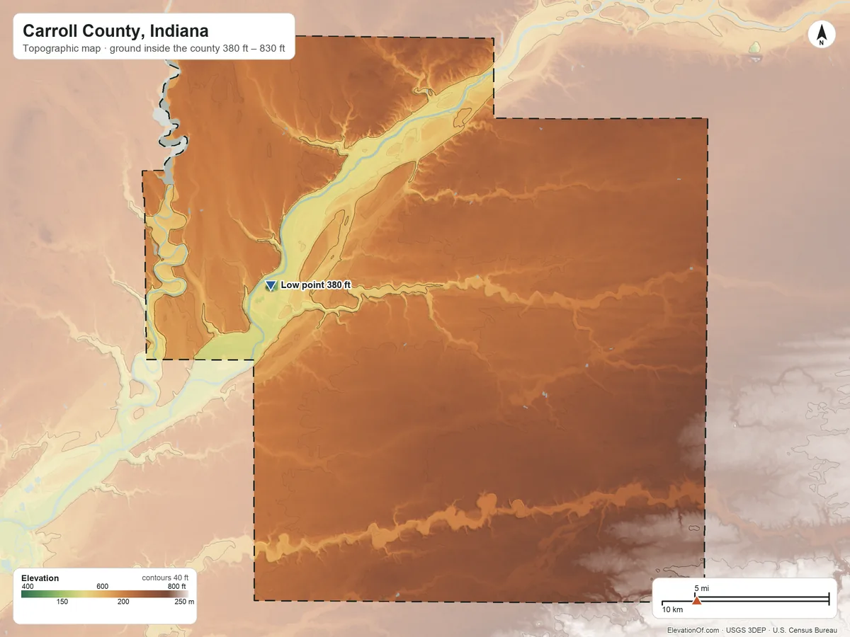 Topographic elevation map of Carroll County, Indiana, shaded from 380 ft on the west side to 830 ft on the southeast side