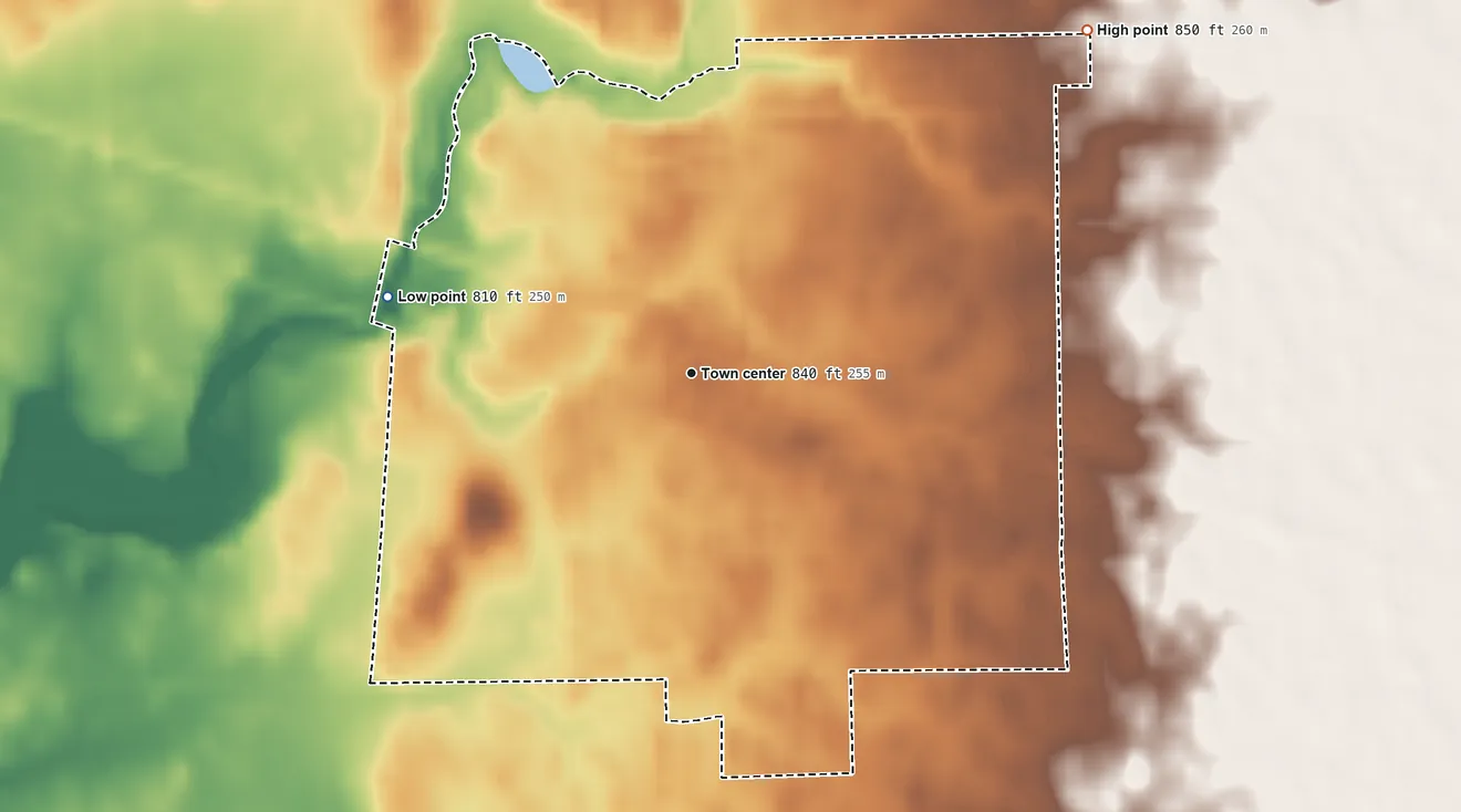 Topographic elevation map of Carrollton, Indiana, shaded from 810 ft on the west side to 850 ft on the northeast side