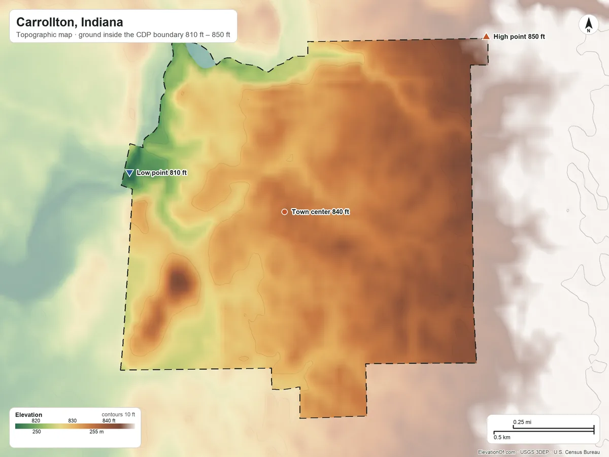 Topographic elevation map of Carrollton, Indiana, shaded from 810 ft on the west side to 850 ft on the northeast side