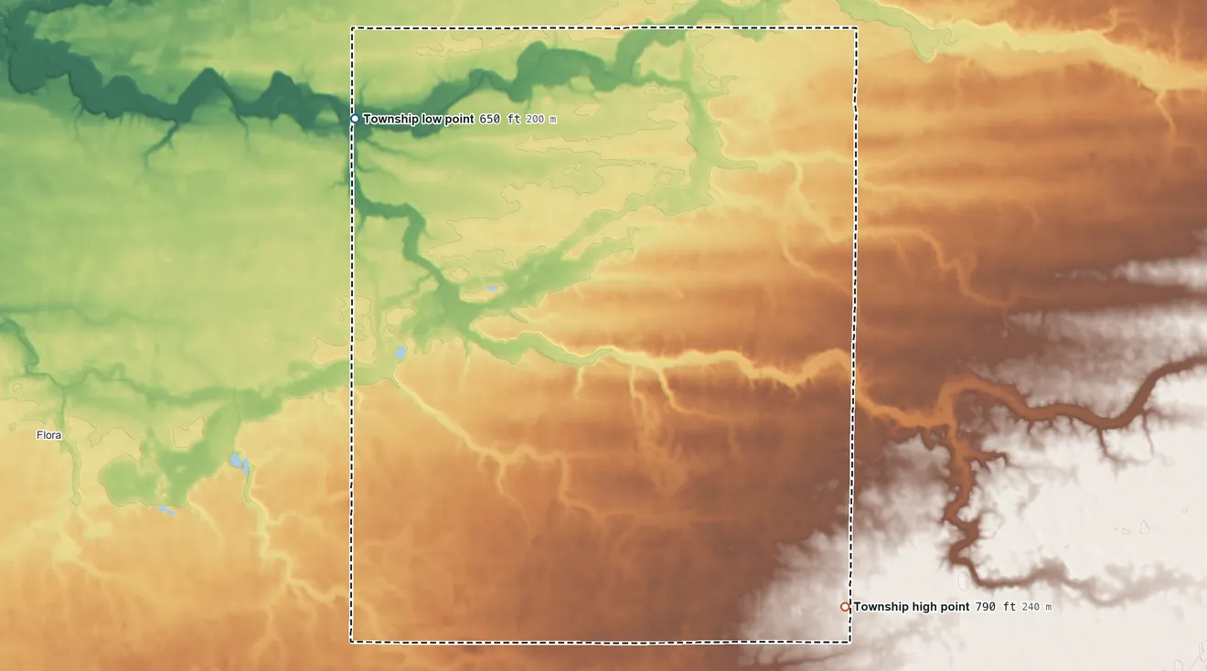 Topographic elevation map of Carrollton Township, Indiana, shaded from 650 ft on the northwest side to 790 ft on the southeast side