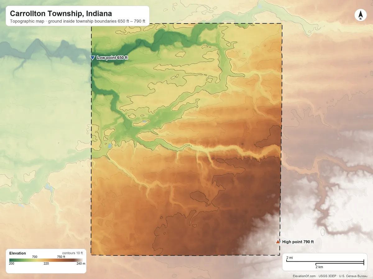 Topographic elevation map of Carrollton Township, Indiana, shaded from 650 ft on the northwest side to 790 ft on the southeast side