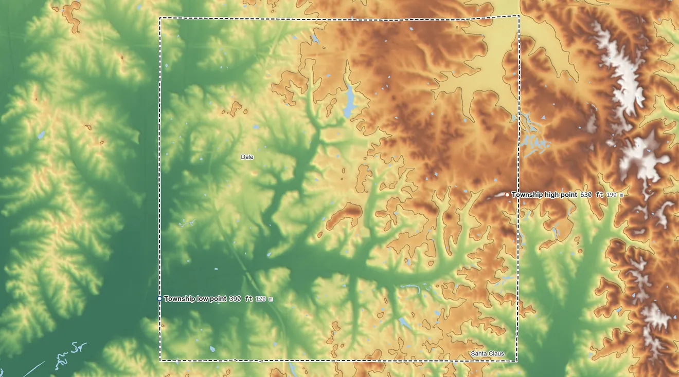 Topographic elevation map of Carter Township, Indiana, shaded from 390 ft on the southwest side to 630 ft on the east side