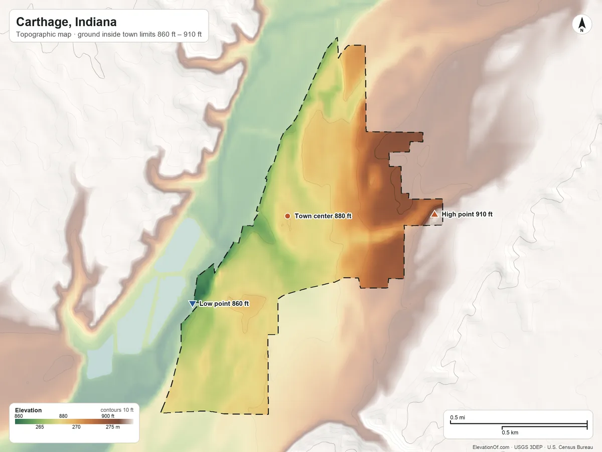 Topographic elevation map of Carthage, Indiana, shaded from 860 ft on the southwest side to 910 ft on the east side