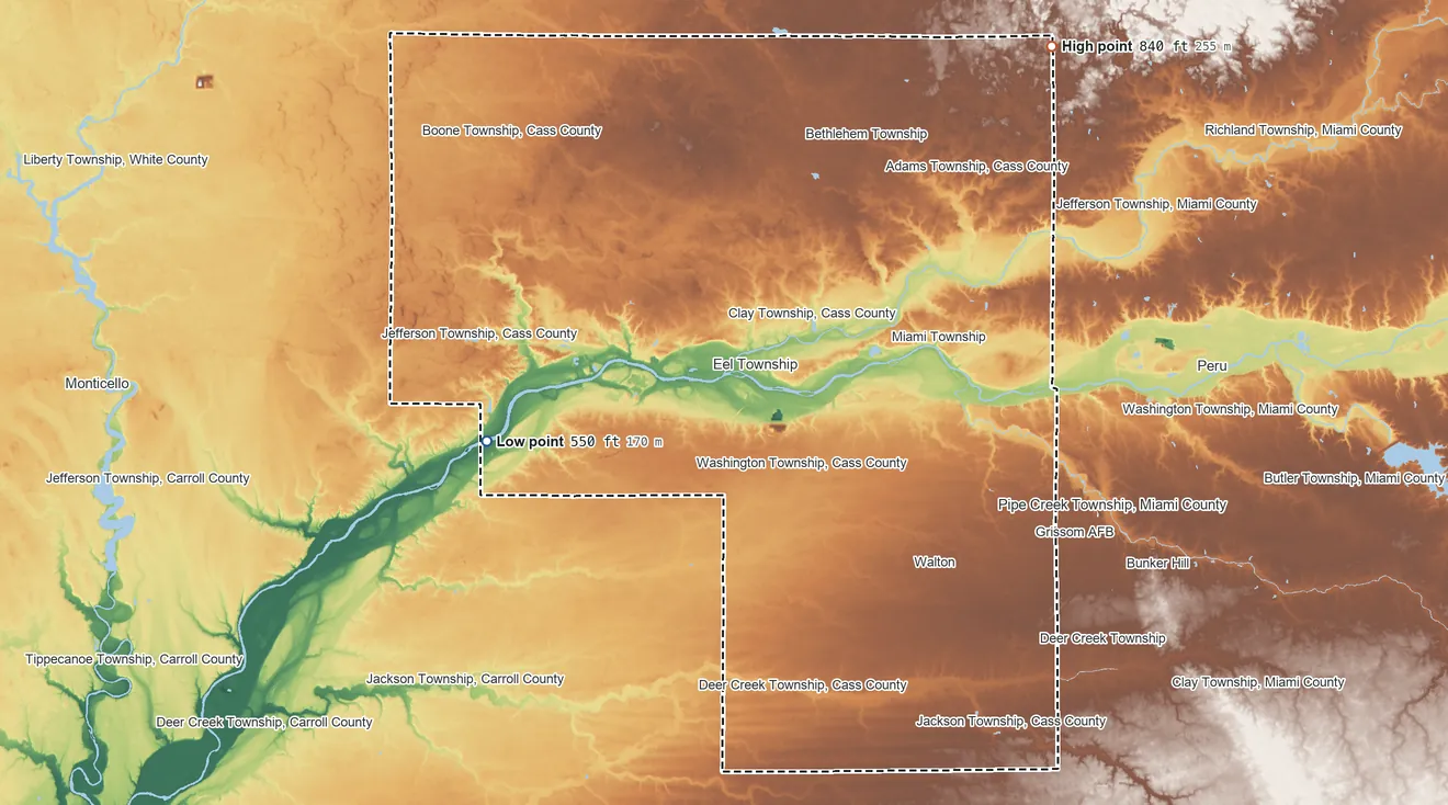 Topographic elevation map of Cass County, Indiana, shaded from 550 ft on the west side to 840 ft on the northeast side