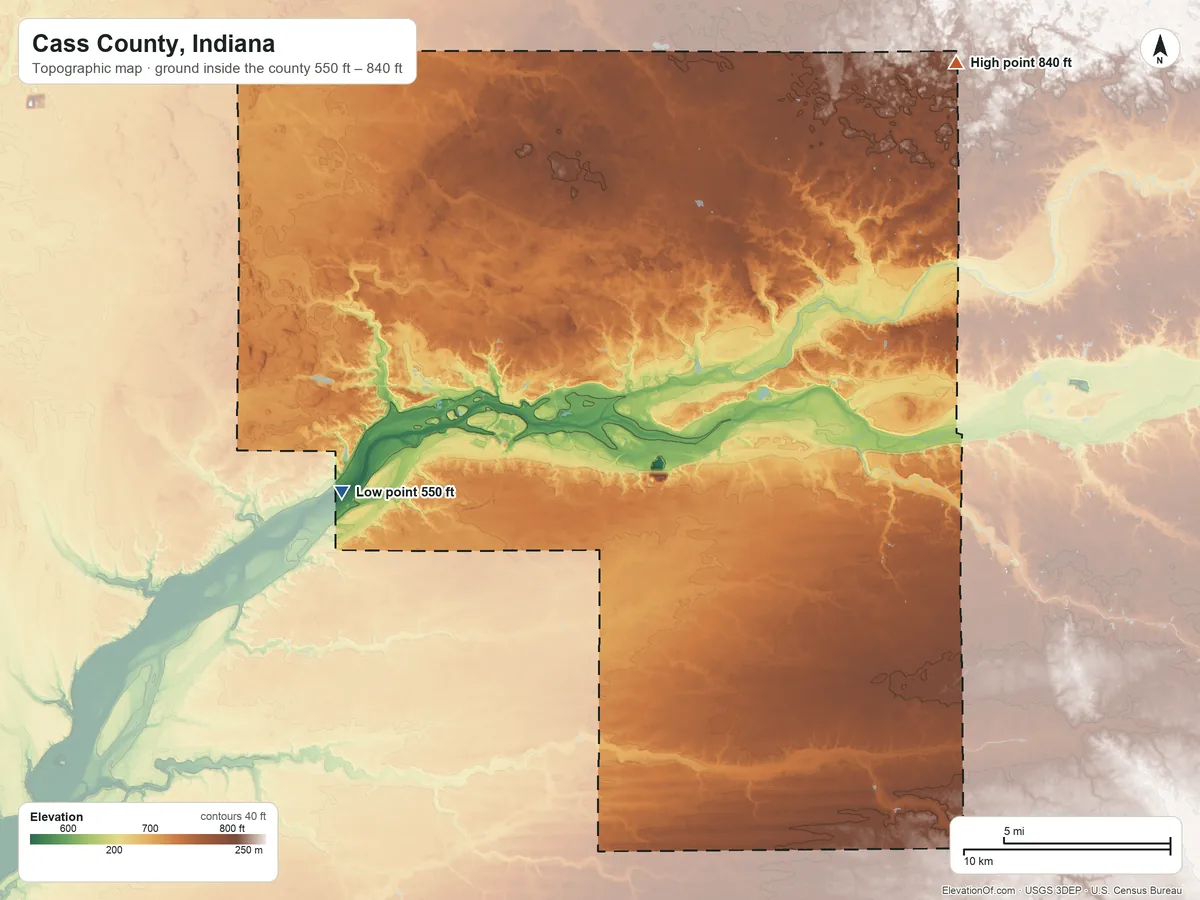 Topographic elevation map of Cass County, Indiana, shaded from 550 ft on the west side to 840 ft on the northeast side