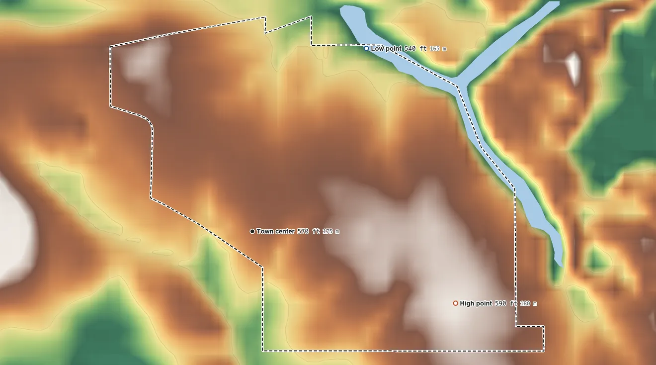 Topographic elevation map of Cass, Indiana, shaded from 540 ft on the northeast side to 590 ft on the east side