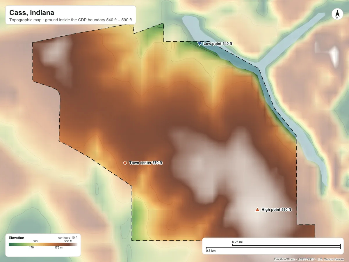 Topographic elevation map of Cass, Indiana, shaded from 540 ft on the northeast side to 590 ft on the east side