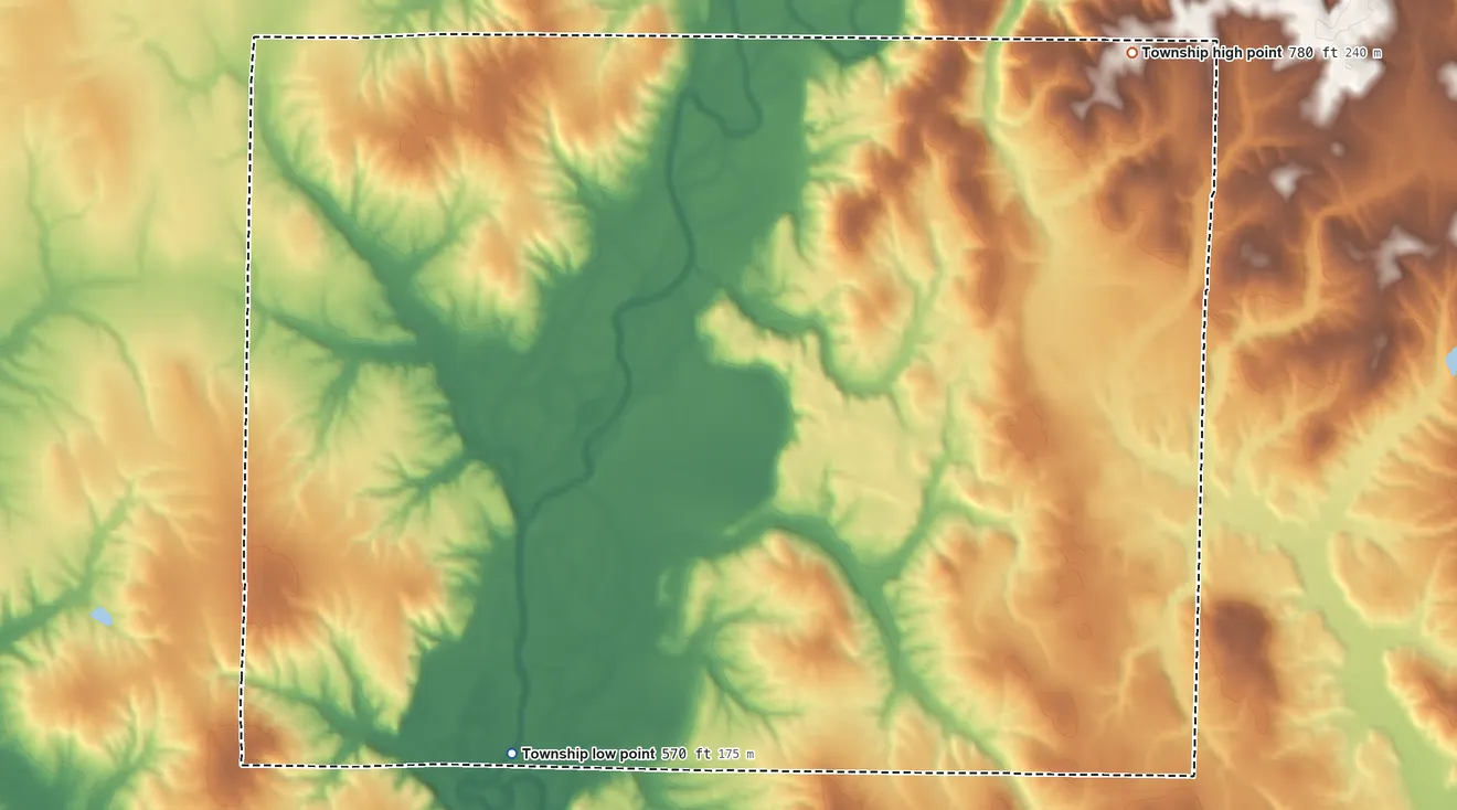 Topographic elevation map of Cass Township, Clay County, Indiana, shaded from 570 ft on the southwest side to 780 ft on the northeast side