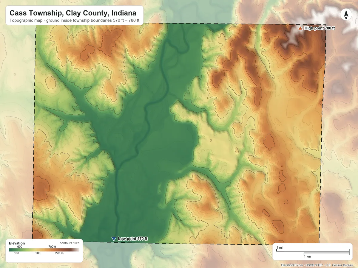 Topographic elevation map of Cass Township, Clay County, Indiana, shaded from 570 ft on the southwest side to 780 ft on the northeast side
