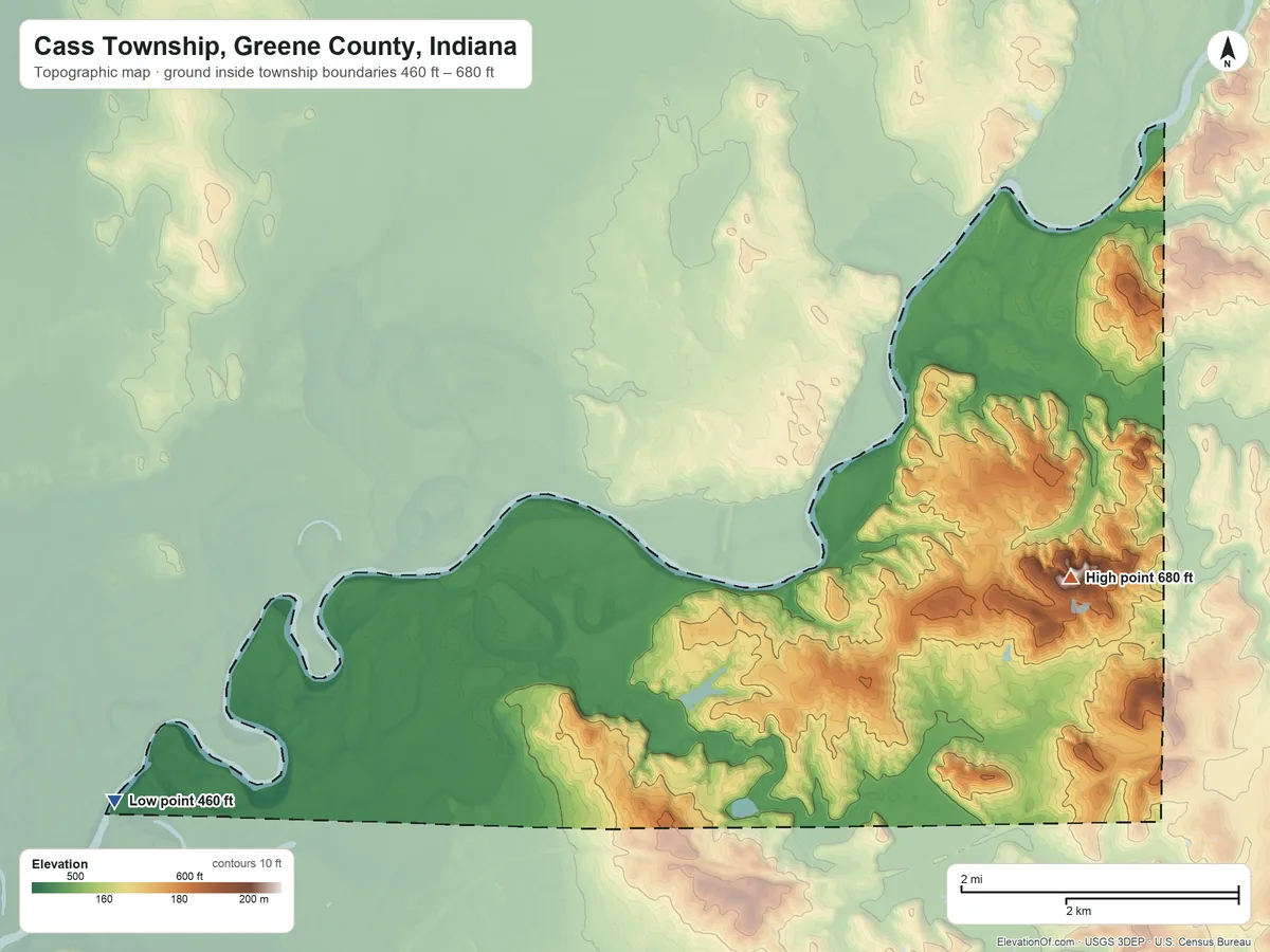 Topographic elevation map of Cass Township, Greene County, Indiana, shaded from 460 ft on the west side to 680 ft on the east side