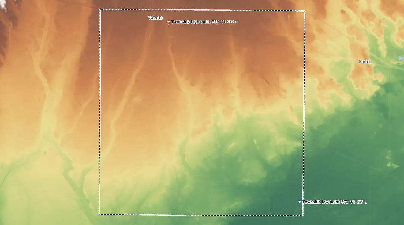 Topographic elevation map of Cass Township, LaPorte County, Indiana, shaded from 670 ft on the southeast side to 750 ft on the north side