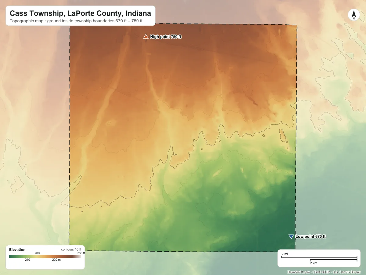 Topographic elevation map of Cass Township, LaPorte County, Indiana, shaded from 670 ft on the southeast side to 750 ft on the north side